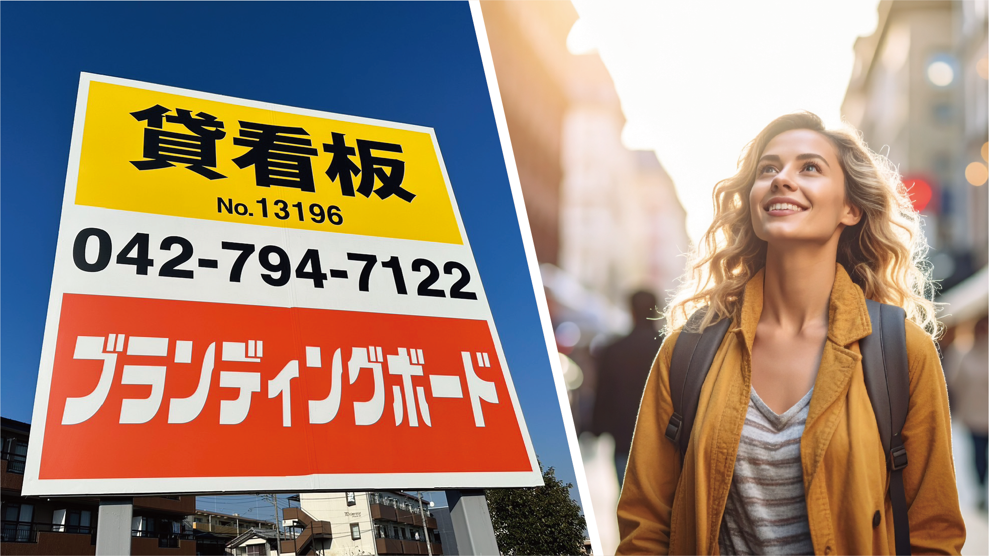 イメージ画像：野立て看板と街を見上げて歩く女性