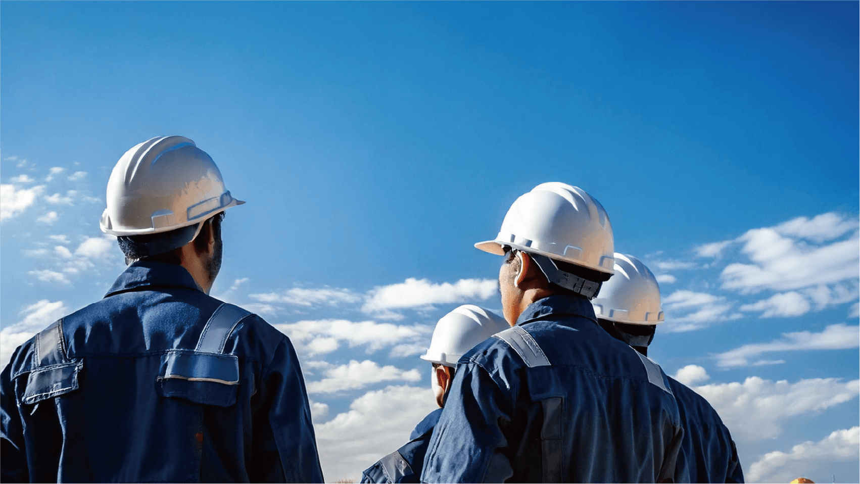 イメージ画像:ヘルメットを被った作業員達が空を見上げている様子。
