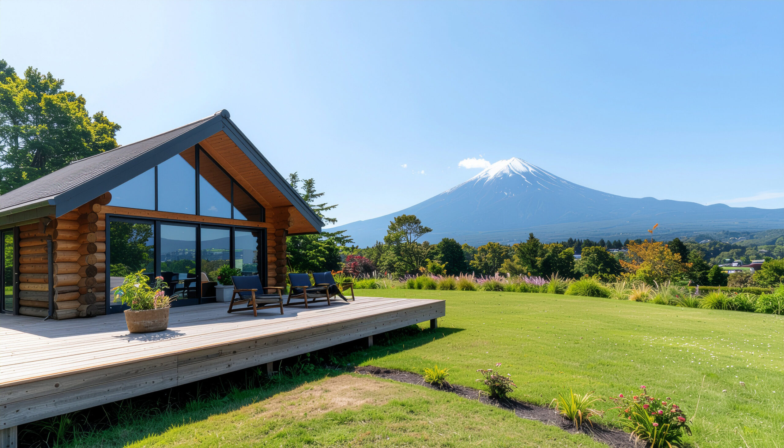 イメージ画像:ログハウスと富士山